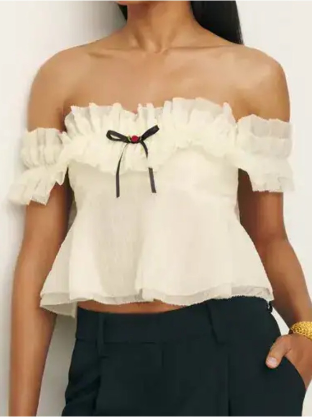 Reformation Brielle Top Ivory Ruffle Off Shoulder Rosette Blouse Size S